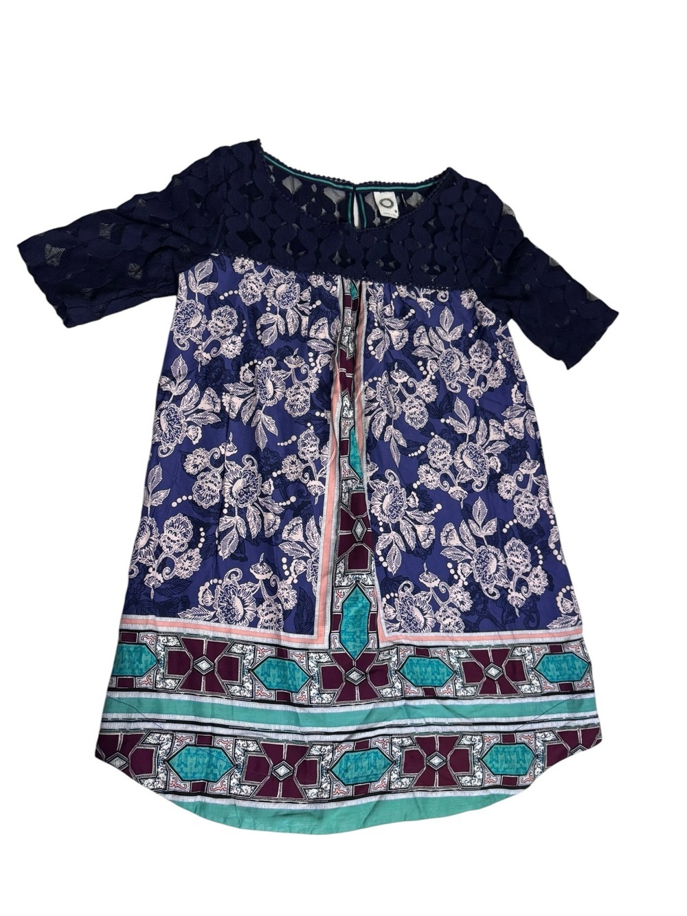 Navy Floral Lace Yoke Dress with Teal Accents